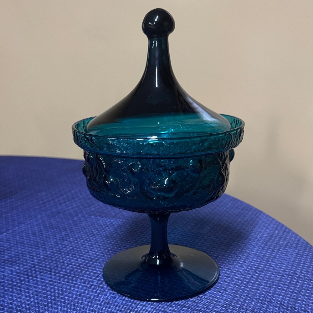 Stelvia Wayne Husted Antigua Italian Blue Glass Lidded Compote Dish Empoli 9.5”